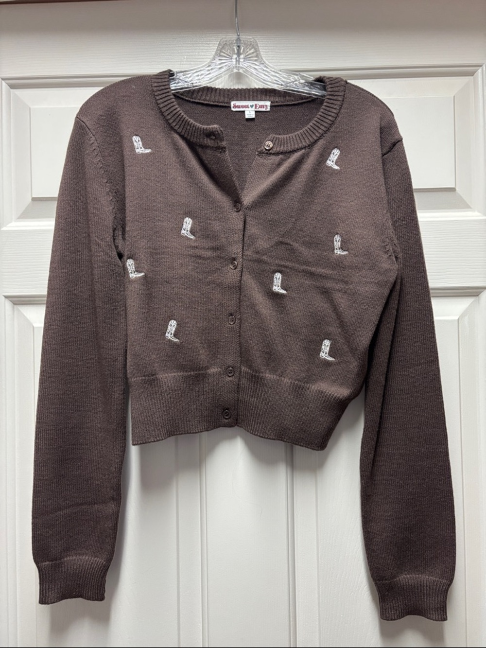 Cowboy Boots Brown Embroidered Cropped Cardigan Cowgirl farm Sadies